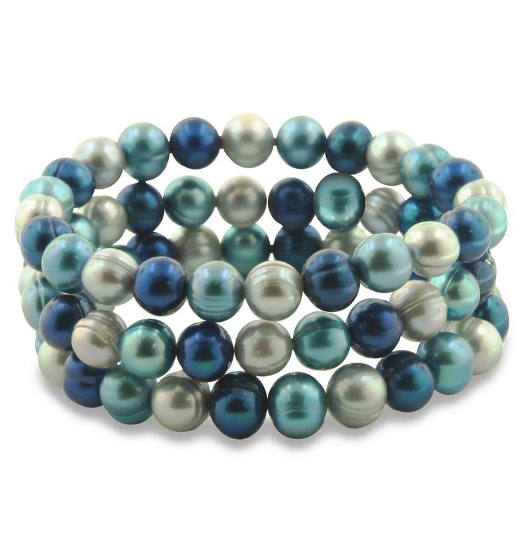 Set of 3 8-9MM Blue Moon Round Ringed Freshwater Cultured Pearl Stretch Bracelets