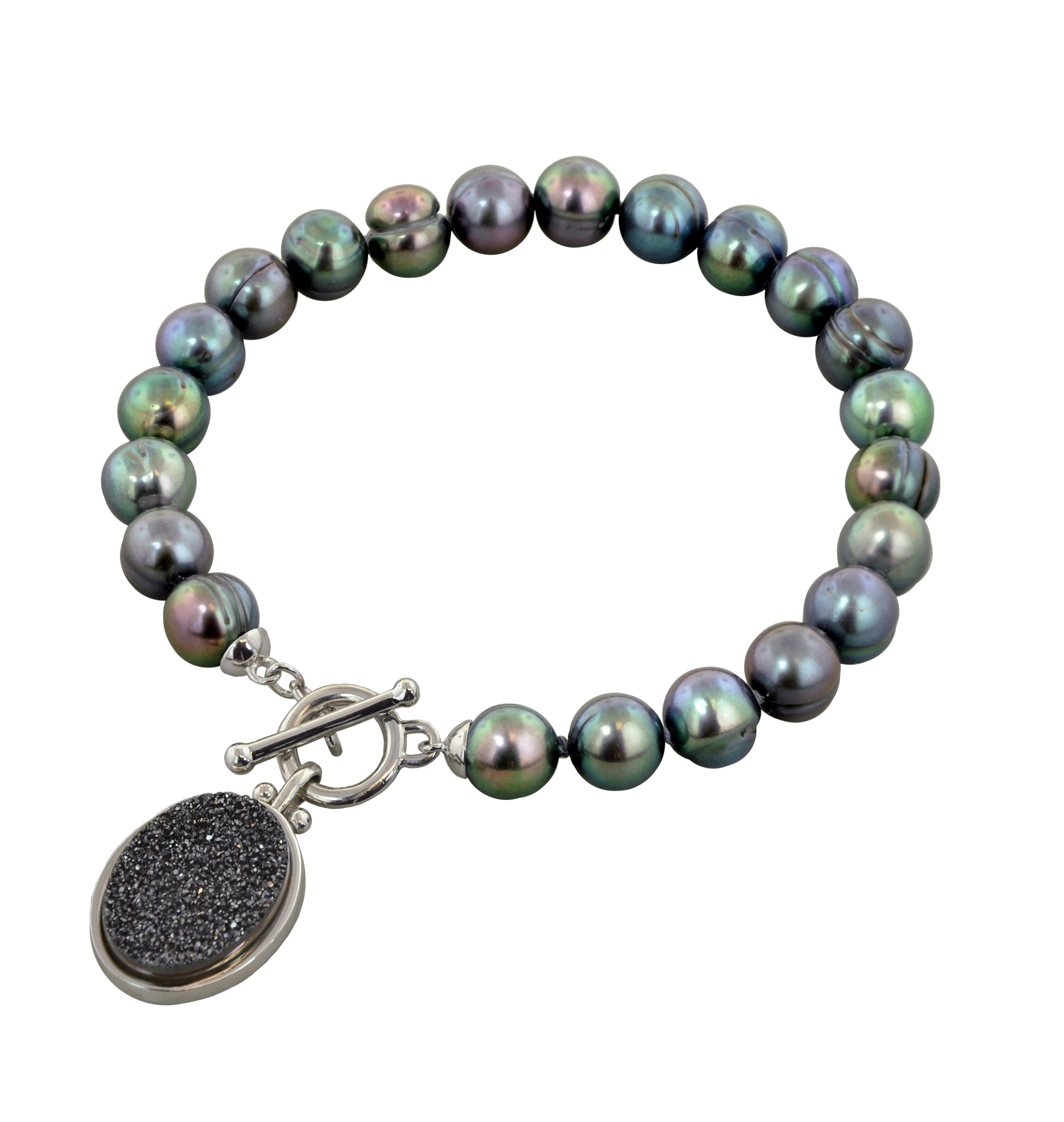 Sterling Silver 7-8mm Black Round Ringed Freshwater Cultured Pearl with Black Agate Druzy 7.5 Toggle Bracelet