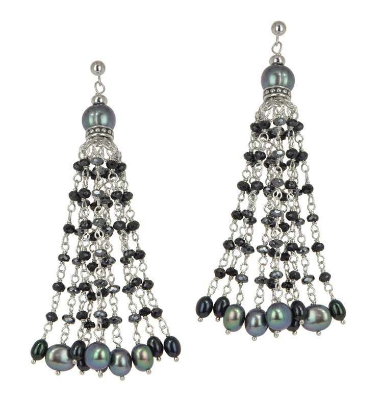 Sterling Silver 4-8.5MM Black and Jet Freshwater Cultured Pearl with Mixed Gemstone Dangle Earrings