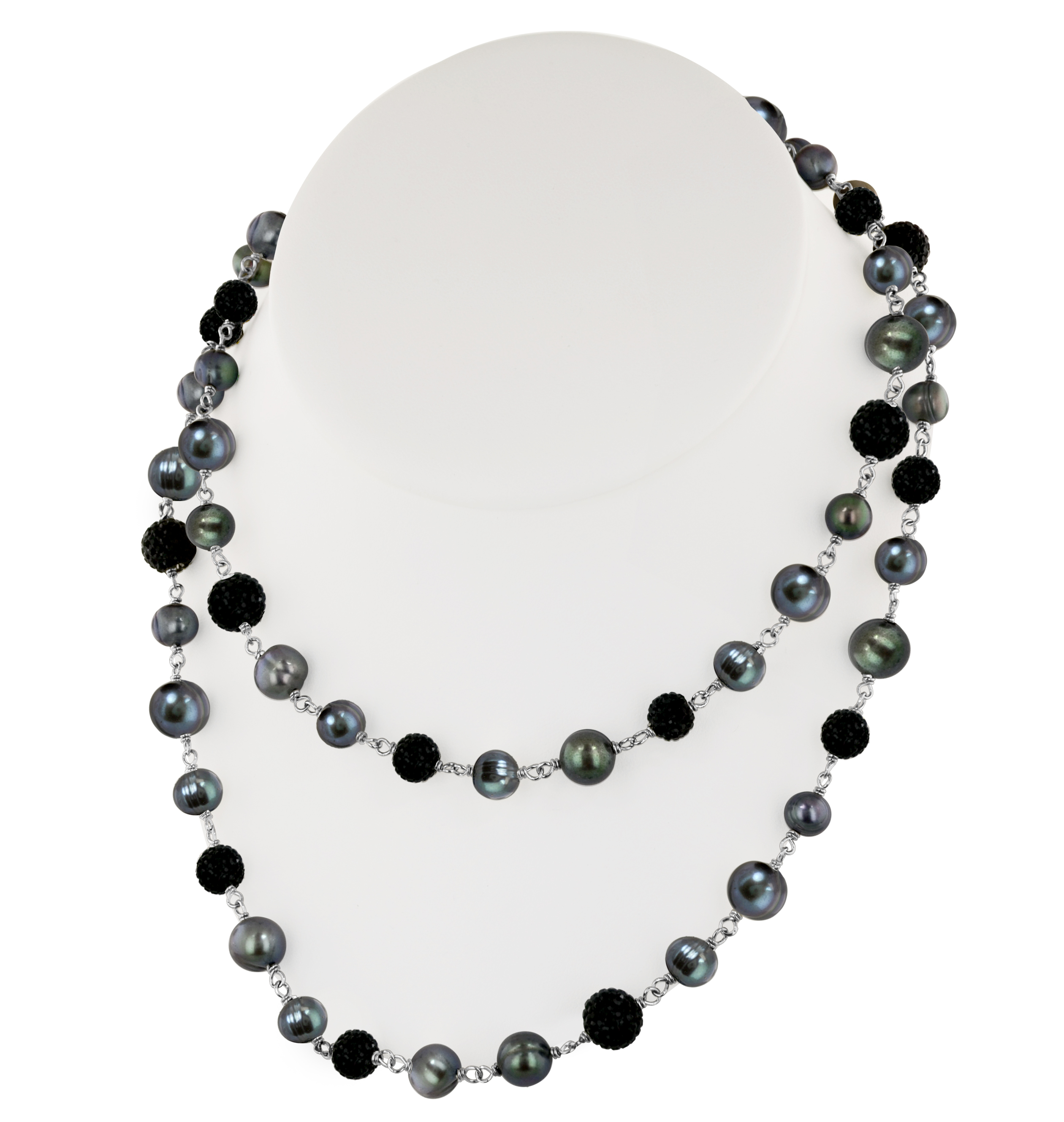 Sterling Silver 7-10mm Black Round Ringed Freshwater Cultured Pearl and 8mm Pave Crystal Bead 36 Necklace