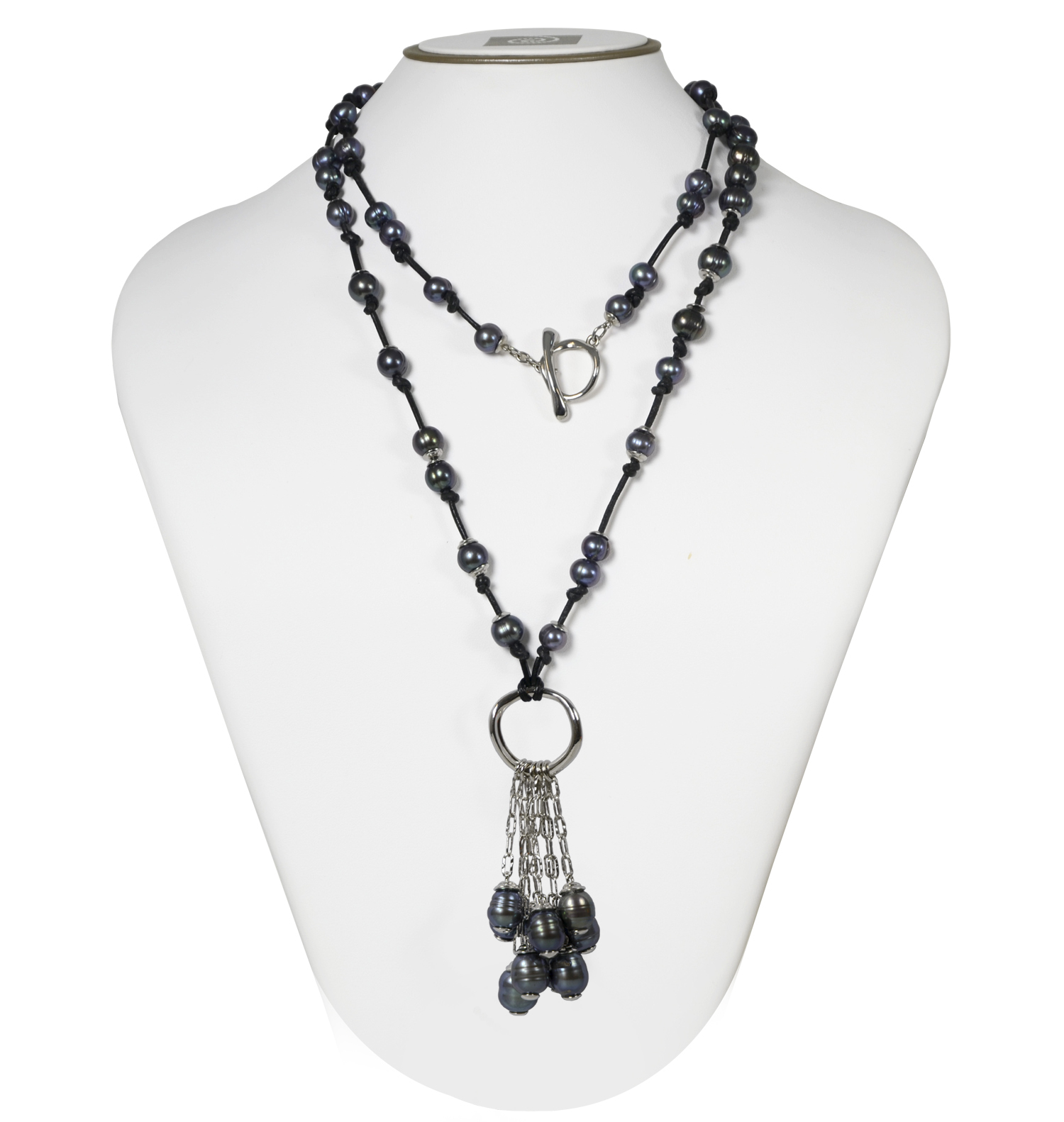 Sterling Silver 7-10mm Black Ringed Freshwater Cultured Pearl on Black Leather 36 Tassle Necklace