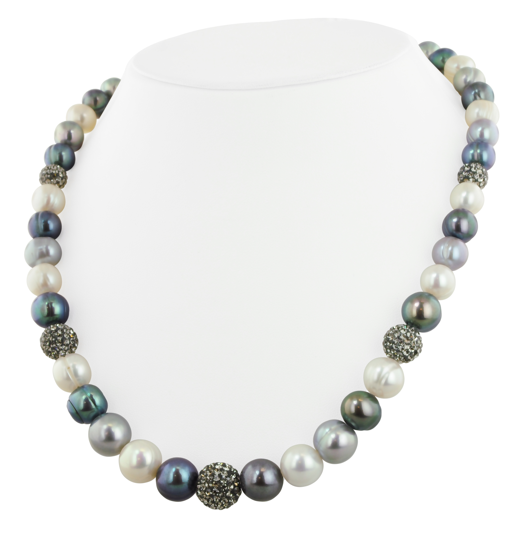 Sterling Silver 8-12mm Black, White and Grey Ringed Freshwater Cultured Pearl with Pave Crystal Beads 18 Necklace