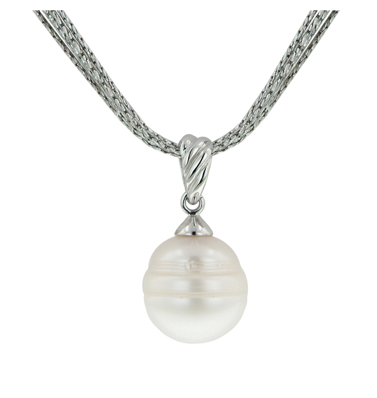 Sterling Silver 13-14 White Ringed Freshwater Cultured Pearl 18 Pendant
