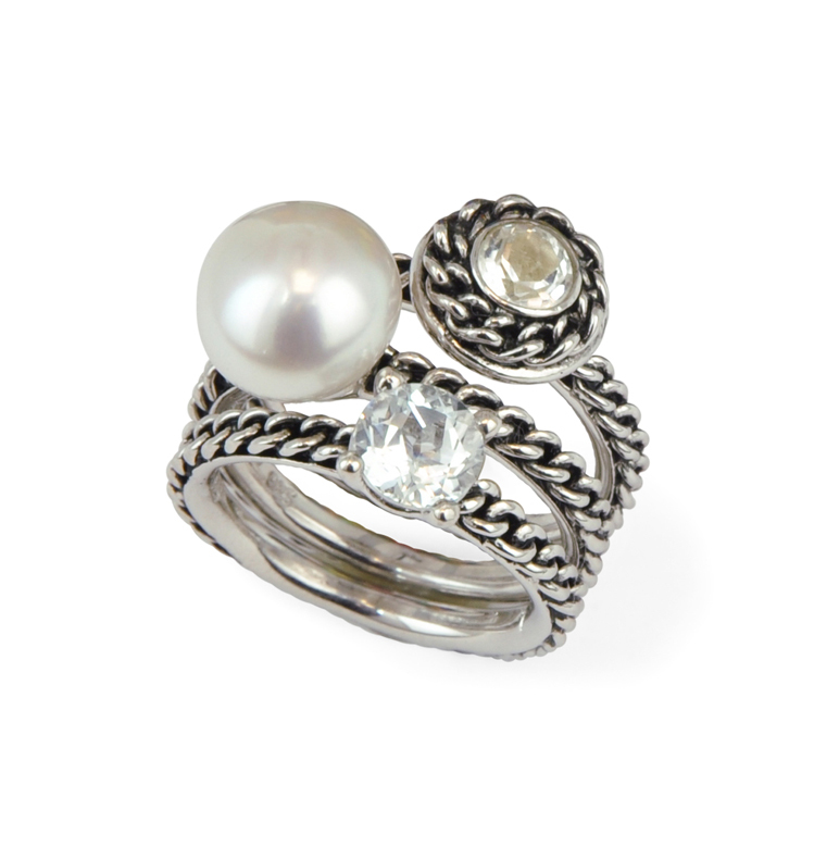 Sterling Silver 10-10.5MM White Button Freshwater Cultured Pearl White Topaz Stack Ring