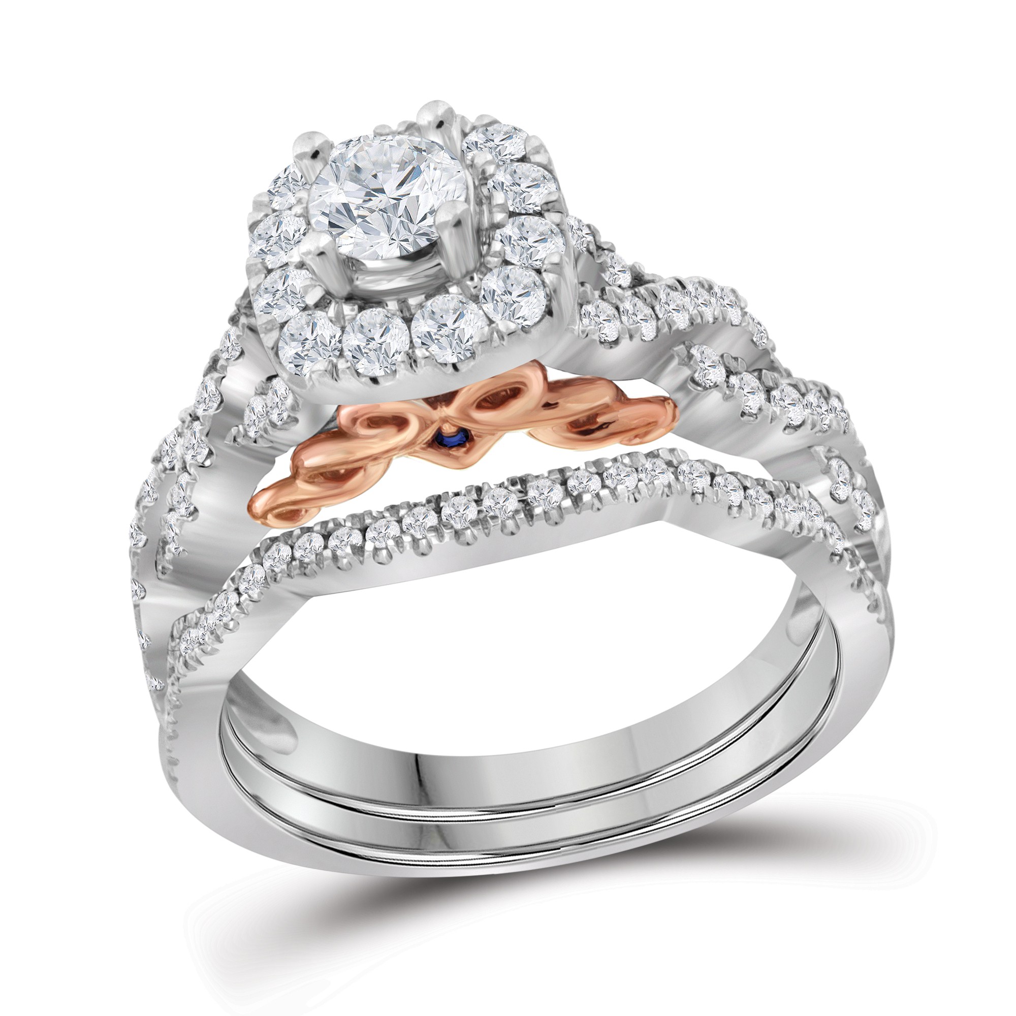 Estate 1Ct Round Diamond 14K White Gold Bridal Set Ring Certified
